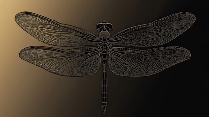 Detailed illustration of a dragonfly with intricate wing and body structure, in a stylized, metallic gold-brown color scheme.