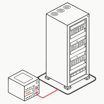Vector art of isometric illustration depicting a server rack connected to a ups system, , showcasing data center infrastructure and uninterruptible power supply solutions