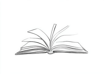 A detailed black and white drawing of an open book rests on a white background