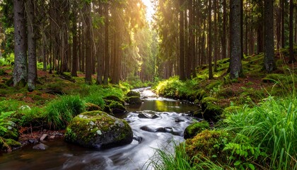 Fototapeta premium A scenic forest stream, sunlight streaming through towering trees and moss-covered rocks, creates a tranquil woodland scene