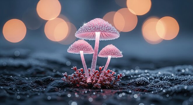 Magical glowing mushrooms in a dark enchanted forest setting