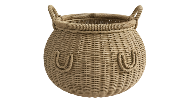 Round woven basket with two handles and decorative loops