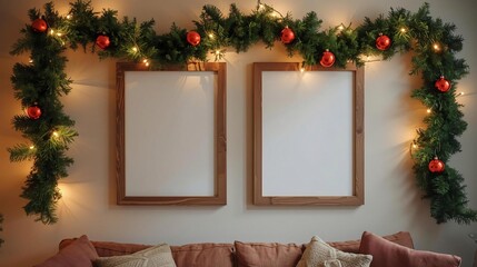 Cozy Christmas Frame Mockup with Garland and Ornaments for Holiday Decor