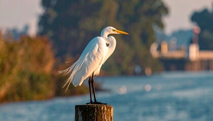 A solitary white bird with a long neck perches atop a weathered wooden post near water, with soft focus background