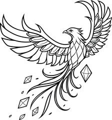 Obraz premium Majestic phoenix soaring with powerful wings and trailing gems, symbolizing rebirth and resilience in a dynamic, elegant design.