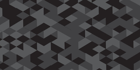 Abstract geometric black and gray background seamless mosaic and low polygon triangle texture wallpaper. Triangle shape retro wall grid pattern geometric ornament tile vector square element.	
