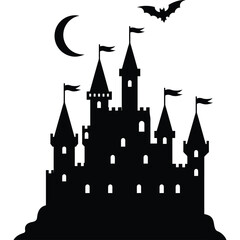 Fototapeta premium Silhouette of a spooky castle with a bat and moon halloween night dark gothic fantasy architecture building tower flag crescent sky