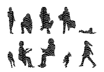 Vector illustration, Outline silhouettes of people, Contour drawing, people silhouette, Icon Set Isolated , Silhouette of sitting people, Architectural set