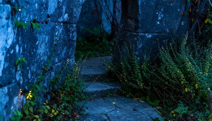 Stone Archway and Steps with Foliage in Atmospheric Blue Light