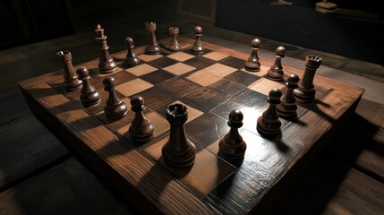 A wooden chessboard with dark brown chess pieces strategically arranged on a checkered surface, in a dimly lit room.