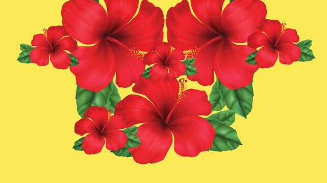 draw set of red lily flower decorate with green leaf in heart shape on yellow screen background
