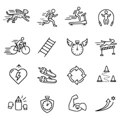 Obraz premium Collection of line art icons depicting various forms of physical activity, speed, and fitness concepts.