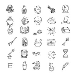 A collection of hand-drawn, outlined illustrations depicting various witchcraft and magical elements including potions, skulls, books, and celestial objects.