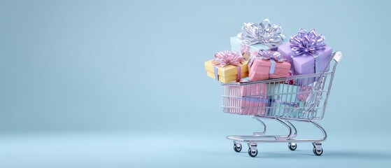 The colorful shopping cart filled with beautifully wrapped gifts for celebrations.