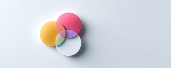Minimalist illustration. Overlapping vibrant circles represent integration, connection, strategy,  solutions. Ideal for presentations, charts,  data visualization.