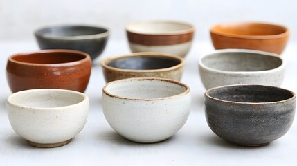 Collection of handmade ceramic bowls featuring various colors and textured glazes on white fabric