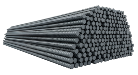 Stack of Gray Metal Rebar Rods on Black Background