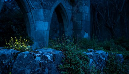 Stone Ruins in a Mysterious and Dark Blue Tone at Dusk