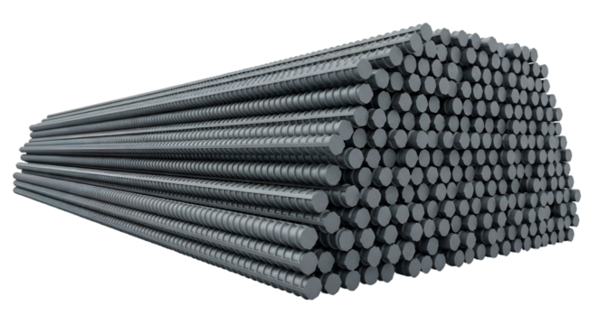Stack of Gray Metal Rebar Rods on Black Background