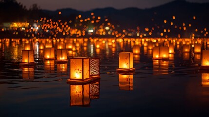 Drifting lanterns illuminate the tranquil water with a warm glow, creating a magical atmosphere perfect for celebrations, mindfulness retreats, or spiritual gatherings under the twilight sky