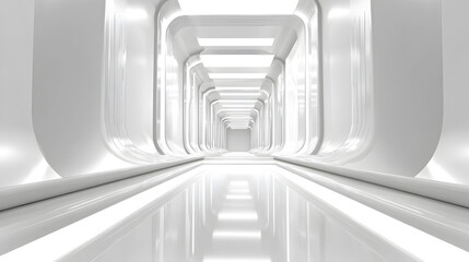 Obraz premium Futuristic white corridor with glossy reflections and sci fi design 