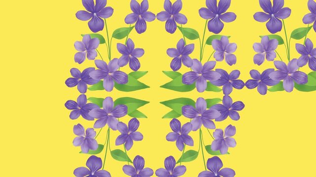 draw set of purple flower decorate with green leaf in rectangle shape on yellow screen background
