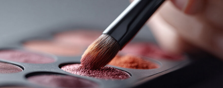 Macro shot of a makeup brush applying eyeshadow from a vibrant palette. Captures beauty, artistry, and personal care. Perfect for beauty blogs or cosmetic advertising.