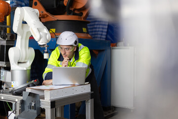 Engineer in safety gear working with industrial robotic arm, analyzing data on laptop in smart factory. Concept of automation, robotics, AI, and smart manufacturing systems.