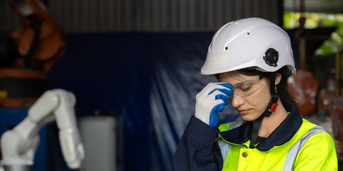 Tired female engineer in safety gear standing near robotic arm in factory. Concept of workplace stress, fatigue in industrial jobs, mental health in engineering, and occupational burnout.