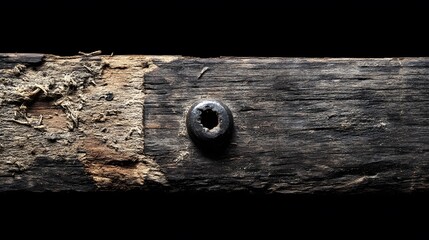 Close up old weathered wood plank with rusted screw on dark background