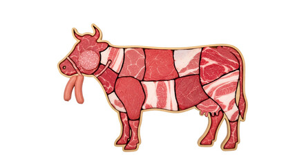 Obraz premium Stylized Cow Silhouette Filled with Meat Cuts and Sausages