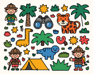 Jungle explorer cartoon doodle vector with cute animals and camping scenes