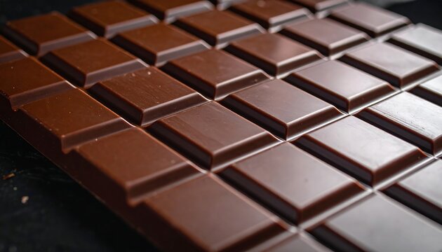 A close-up shot reveals a meticulously crafted bar of dark, segmented confections, showcasing rich textures and details