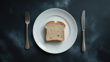 Single slice of bread placed on a white plate, surrounded by vintage silverware, creating a minimalist dining scene with a dark textured background