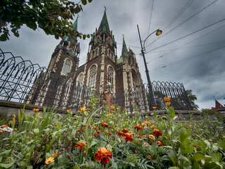 Neo Gothic Polish cathedral Olga and Elizabeth in Lviv city spires under dramatic skies