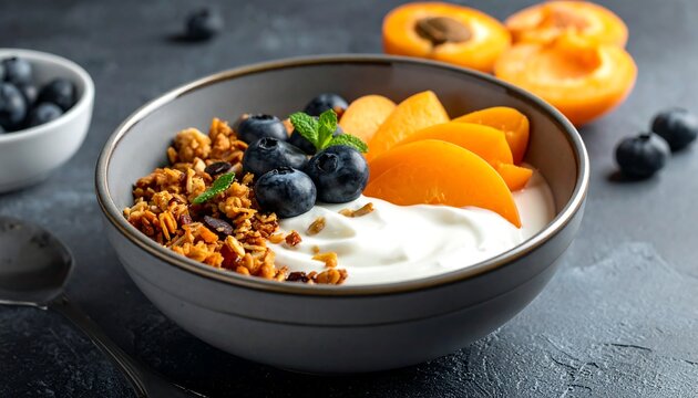 A close-up shot showcases a bowl of yogurt topped with granola, fresh blueberries, and sliced apricots, with a side of blueberries