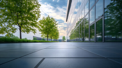 Fototapeta premium A low-angle perspective of an empty pavement leading to a modern, eco-friendly office building.