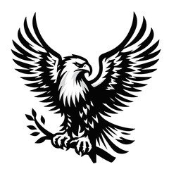 Obraz premium Eagle with spread wings perched on a branch in black and white detailed vector illustration art