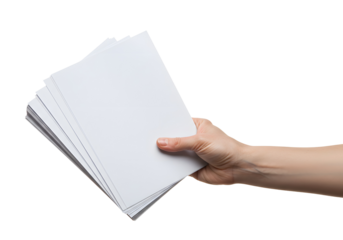 Hand holding blank paper A4. Isolated on transparent background