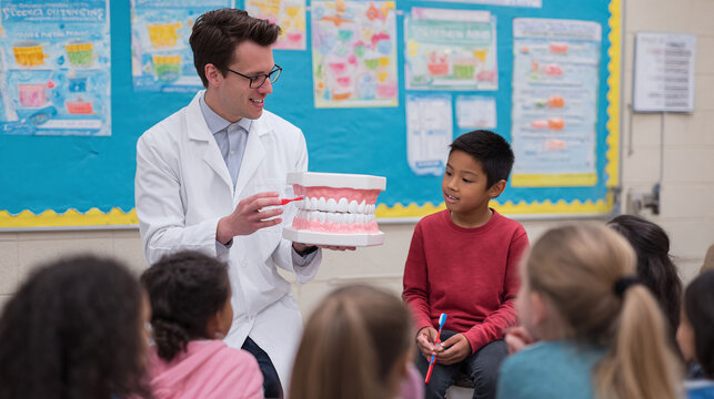 Dentist teaching kids proper teeth brushing techniques with a model jaw in a school classroom. Dental health education for children concept.