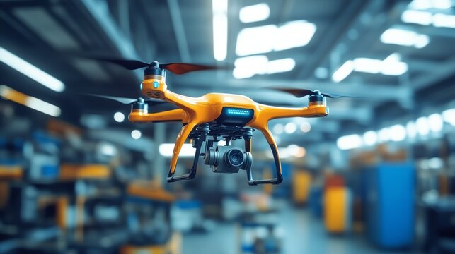 An orange industrial drone with a camera flies around the workshop, demonstrating the capabilities of unmanned technology: suitable for topics related to logistics, modern technology 