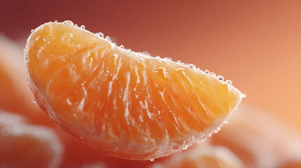Macro shot of a juicy, vibrant orange segment with water droplets. Fresh, clean eating concept. Great for food, health, and wellness projects.