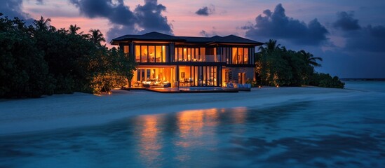 Luxurious beachfront villa at twilight.