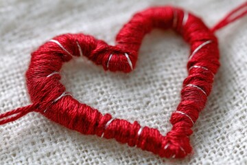 A close-up view of a handmade red yarn heart, crafted with silver wire.