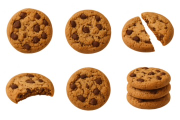 Assorted chocolate chip cookies in various bites and stacks
