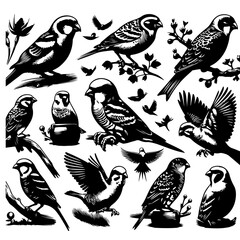 A collection of black and white bird illustrations in various poses and perched on branches and pots