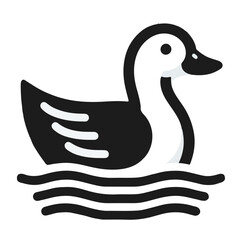 Illustration of a black and white duck swimming on water with horizontal lines representing waves