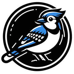Illustration of a blue jay bird inside a black circle with white accents and feather details shown