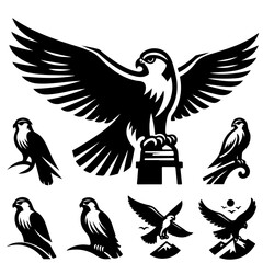 Collection of black and white falcon illustrations in various poses and compositions on a white background