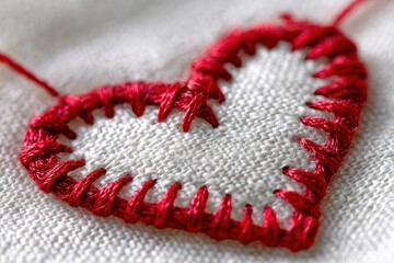 Close-up of a handmade heart crafted from fabric and red thread, showcasing detailed stitching and texture.